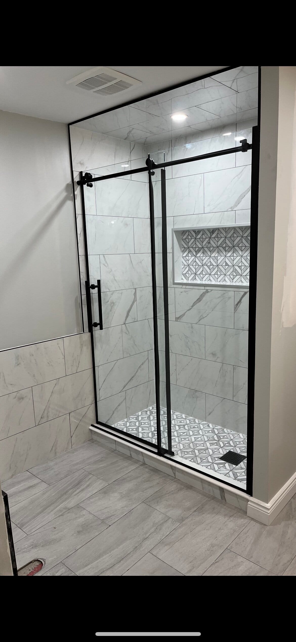 Marble Shower with Black Frame